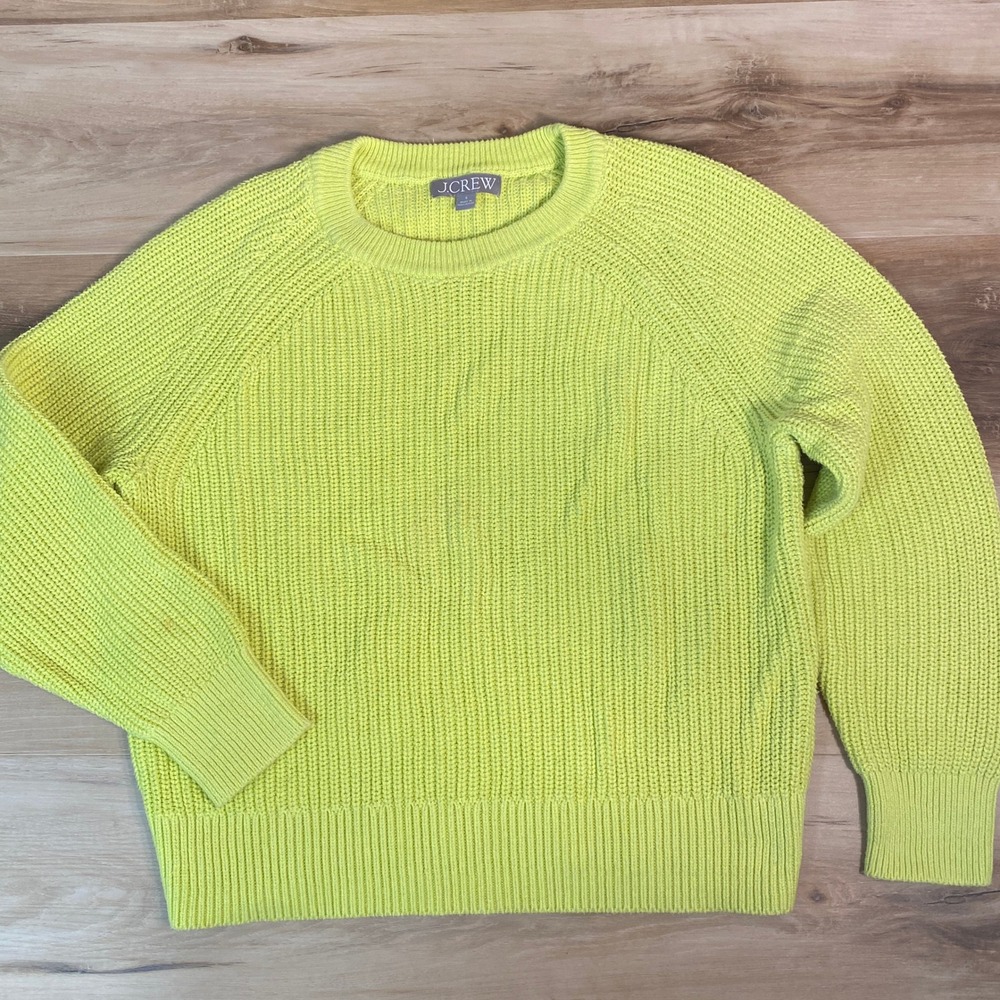 J Crew Neon Yellow Ribbed Crew Neck Long Sleeve Cotton Sweater Size S